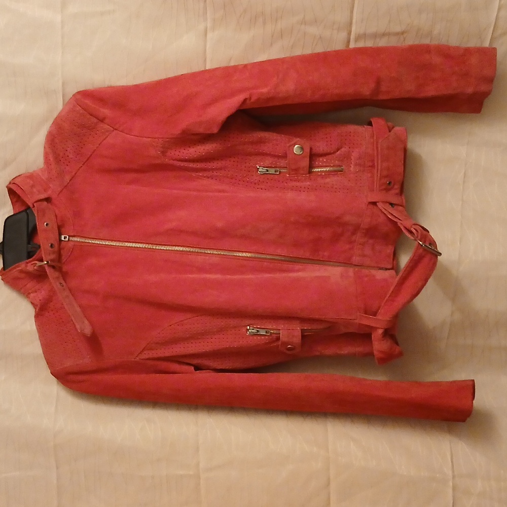Olly London Pink 100% Genuine Suede‎ Leather 100% Polyester Biker Jacket- SZ 10
